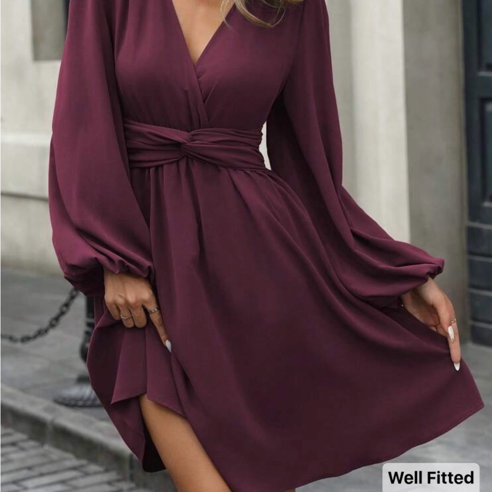 Elegant Maroon V-neck long-sleeve swing Dress New